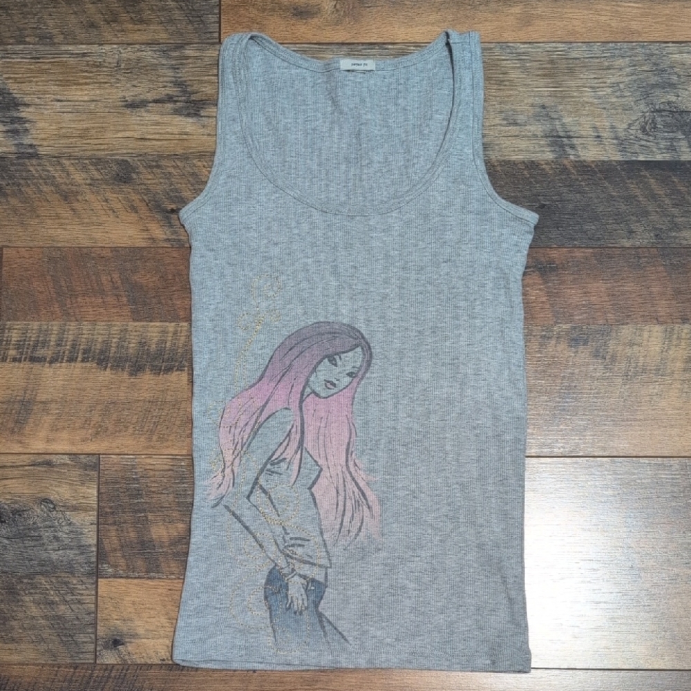 Perfect Fit Gray Tank Top with Pink Girl Graphic